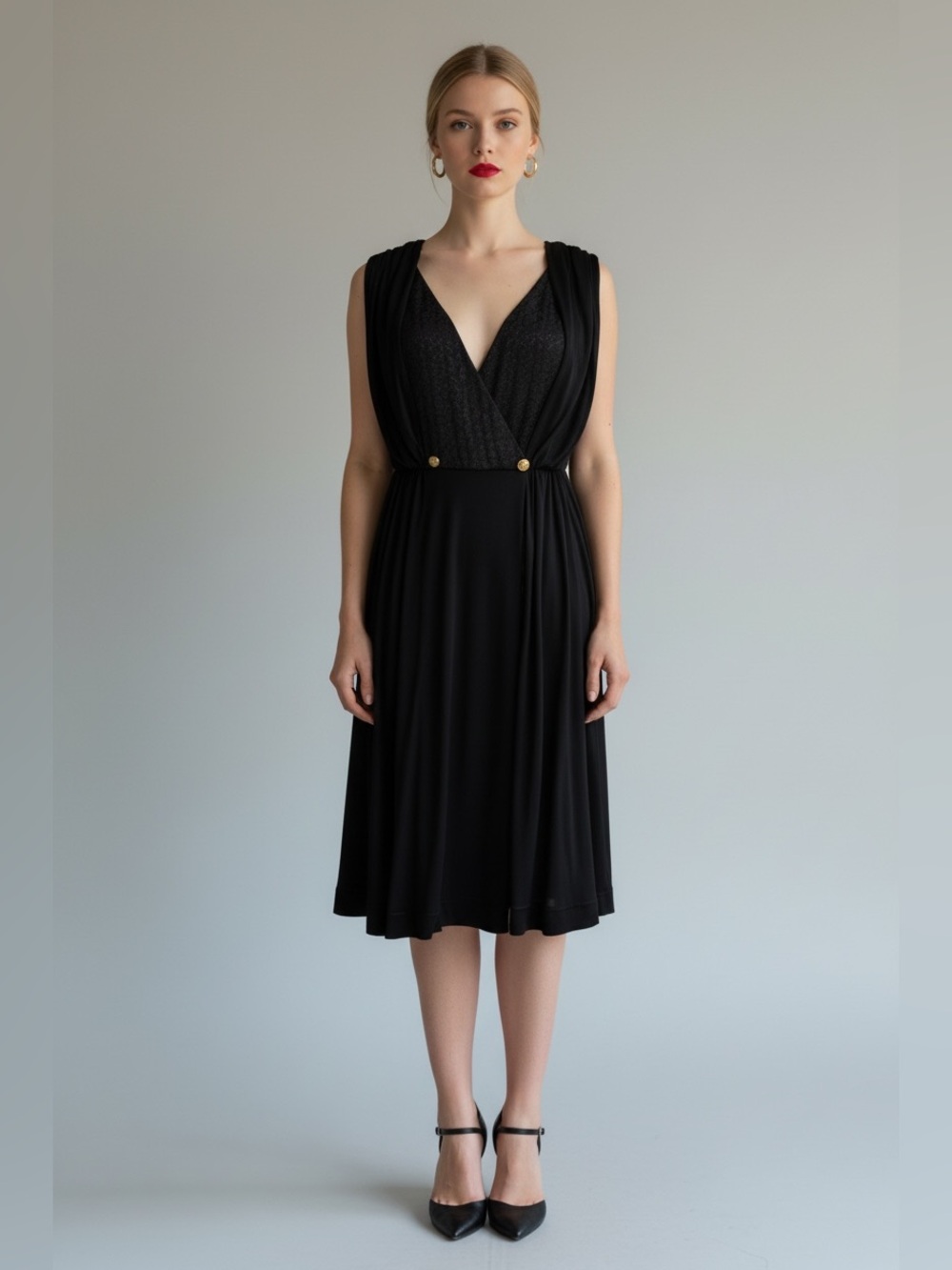 Louis Vuitton NWT Black V-Neck Dress with Gold Accents